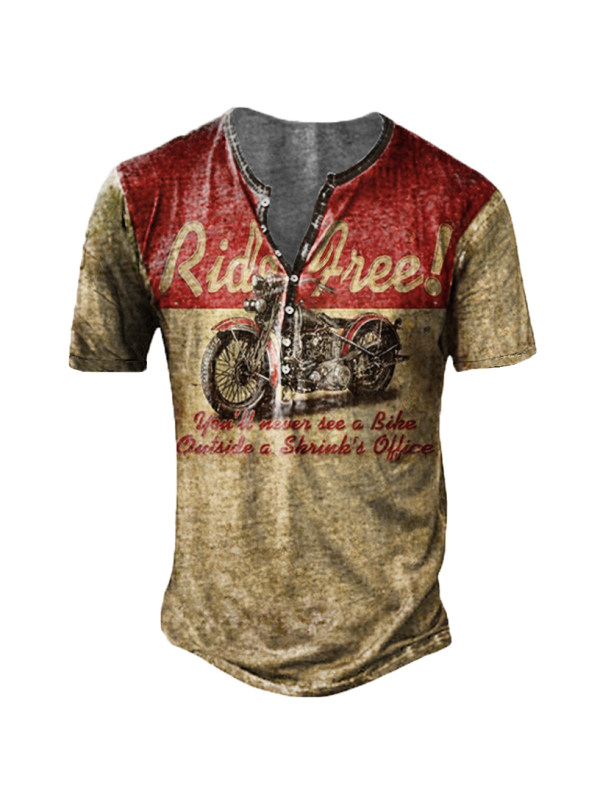 Men's Vintage Motorcycle Short Sleeve Henley Collar T-Shirt