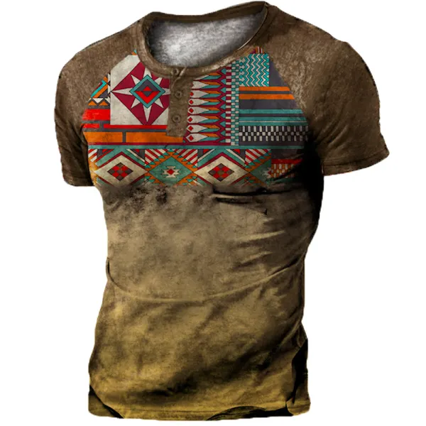 Men's Vintage Ethnic Print Raglan Sleeve Henley Collar T-Shirt - Enocher.com 