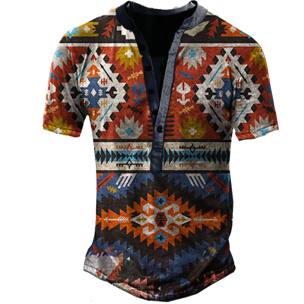 Men's Outdoor Western Ethnic Chic Pattern Tactical Henley Collar T-shirt