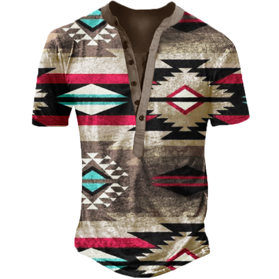

Kurzärmliges Henley-T-Shirt Für Herren Im Freien Mit Aztekischem Print