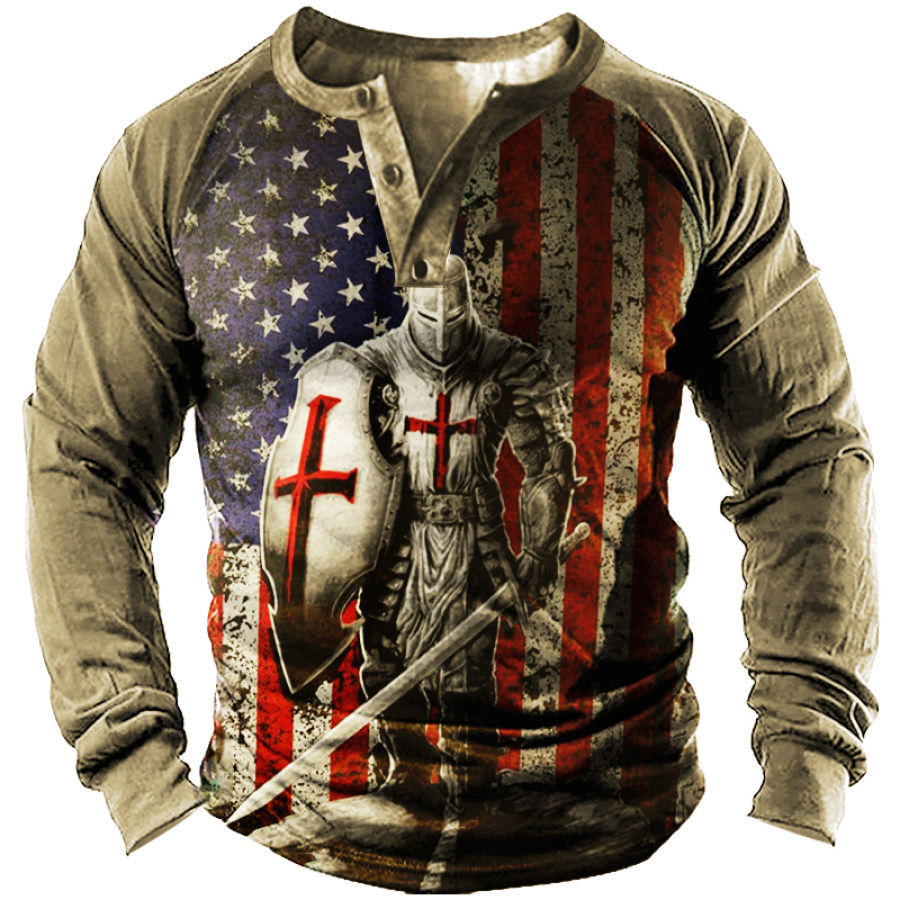 

American Flag Templar Jesus Cross Vintage Print Henley Men's Long Sleeves T-Shirt