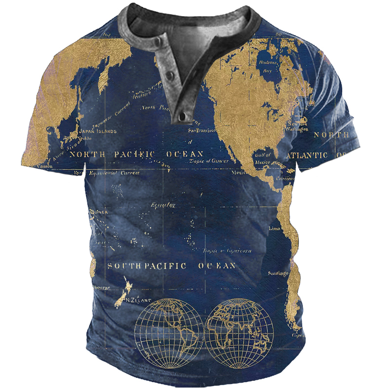 Men's Map Print Henley Chic Short Sleeve T-shirt