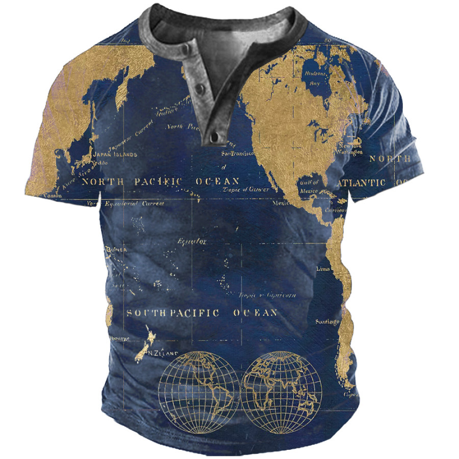 Men's Map Print Henley Short Sleeve T-Shirt