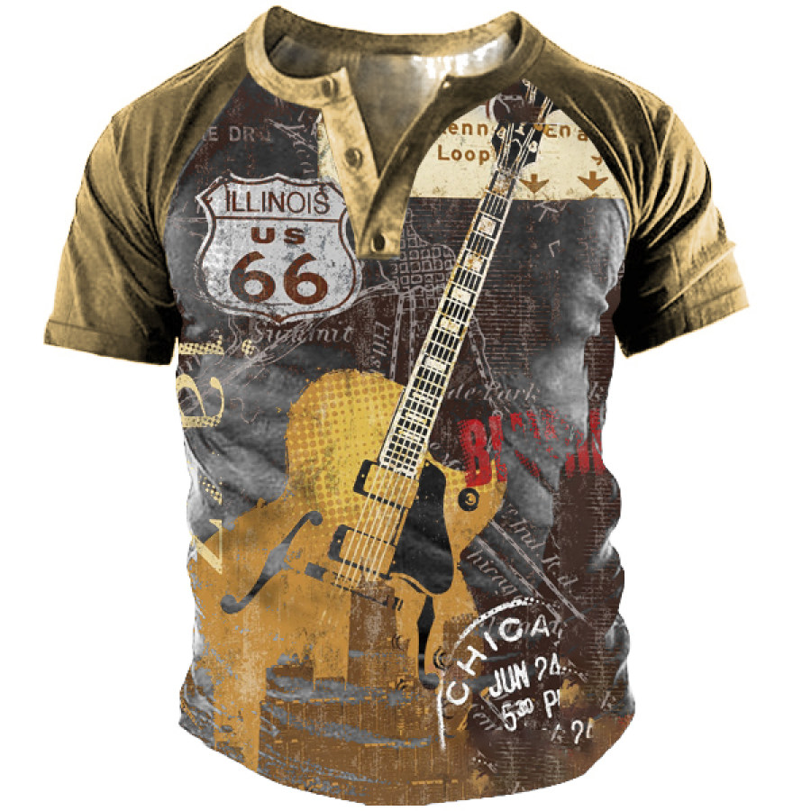 

T-shirt Henley Con Stampa Della Route 66 Vintage Per Esterni Da Uomo