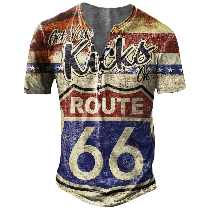 Men's Fashion Route 66 Print Chic Henley T-shirt
