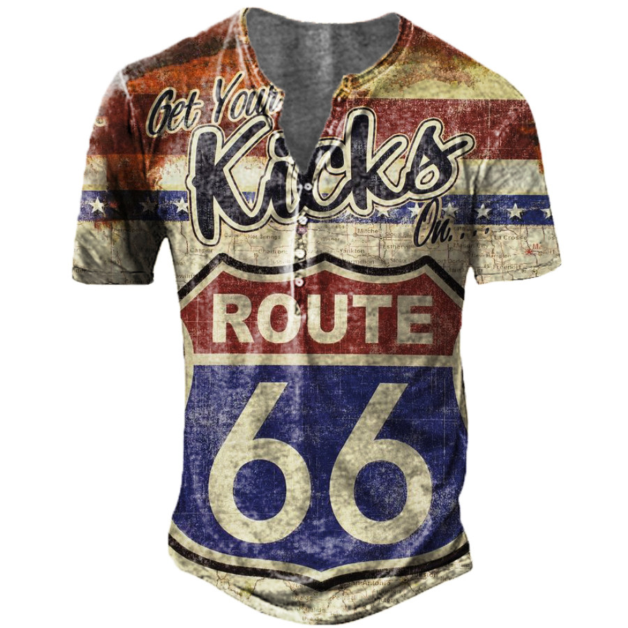 

T-shirt Henley Con Stampa Route 66 Da Uomo