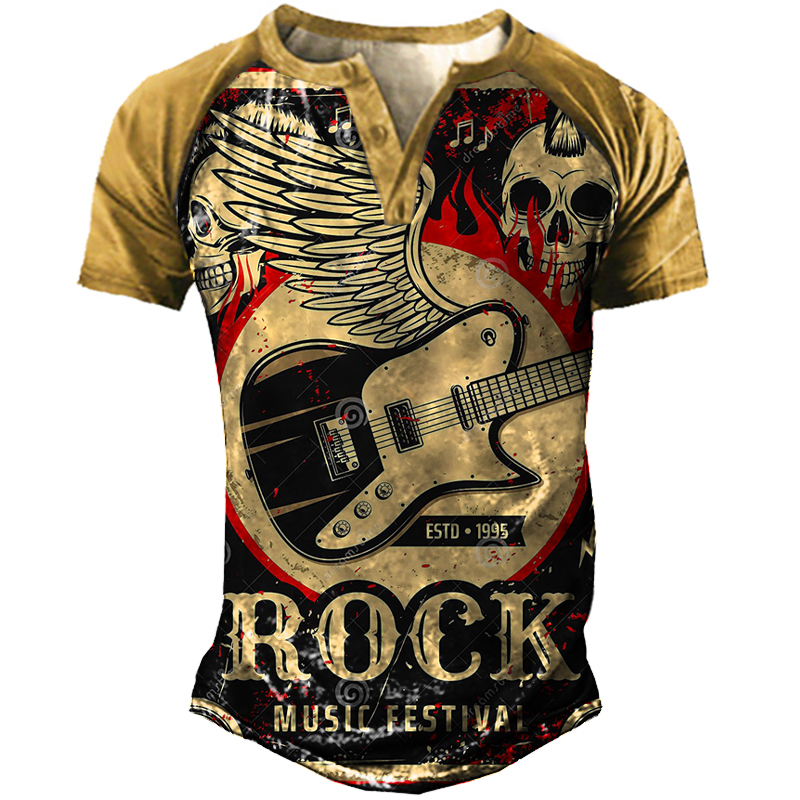 Men's Outdoor Vintage Rock Chic Guitar Henley Collar T-shirt