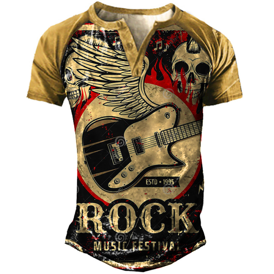 

Men's Outdoor Vintage Rock Guitar Skull Henley Collar T-Shirt