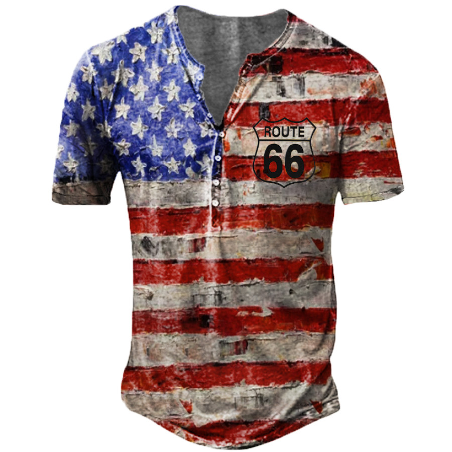 

Мужская футболка с принтом Генри на открытом воздухе с американским флагом Route 66