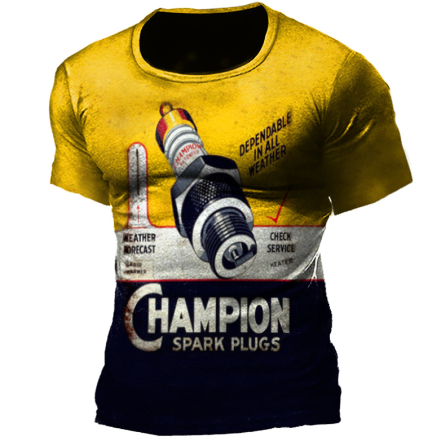 

Champion AC Spark Plug Plaque Vintage Metal Tin Logo Men's T-Shirt
