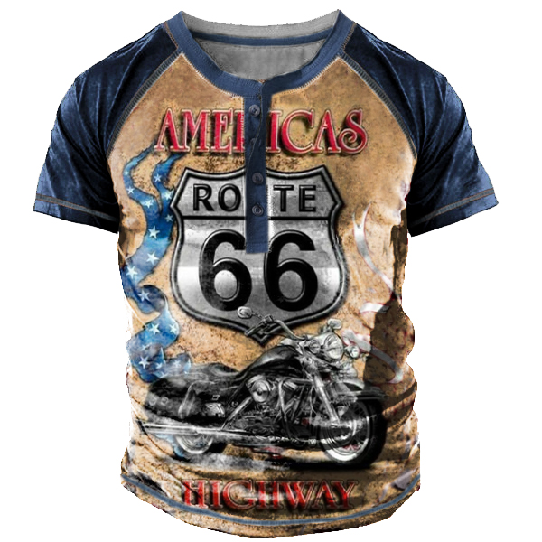 Men Retro Motorcycle Route Chic 66 Henley Short Sleeve T-shirt