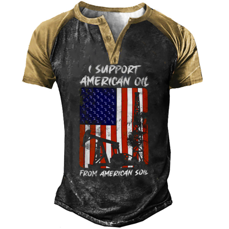 Men's Outdoor I Support Chic American Oil Henley Collar T-shirt