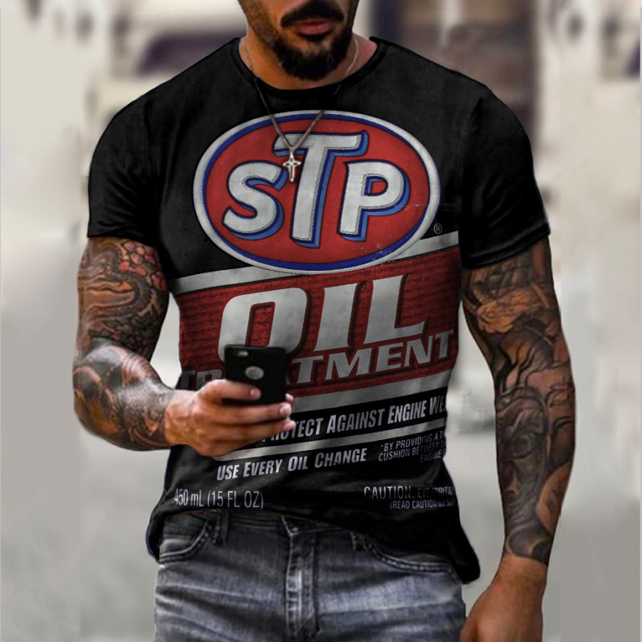 

Retro Motor Oil Letter Print Short Sleeve T-shirt