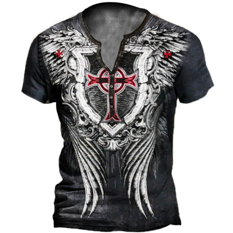 

Men's Vintage Cross Wings Print Henley T-Shirt