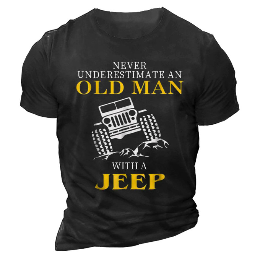 

Потрясающая мужская хлопковая футболка «Никогда не недооценивайте старика с джипом»