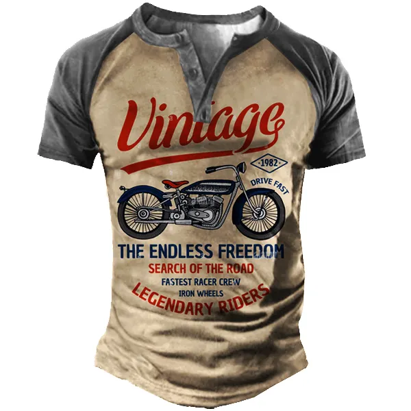 Vintage Motorcycle Racing Men's Print Henley Short Sleeve T-Shirt - Blaroken.com 