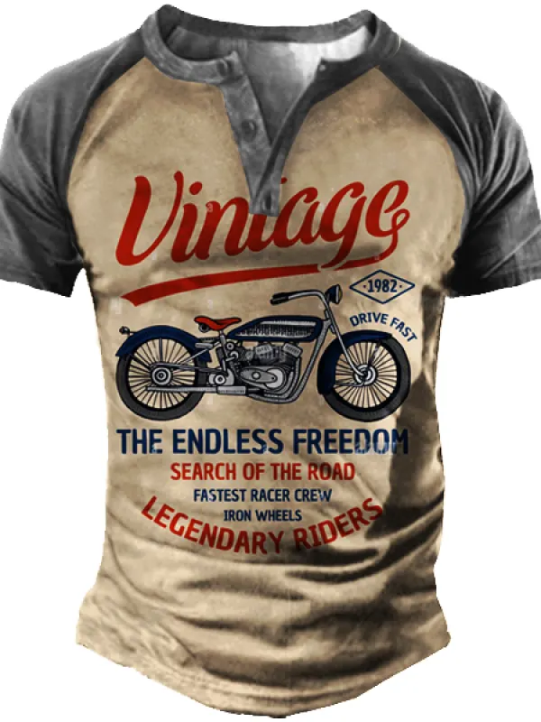 Vintage Motorcycle Racing Men's Print Henley Short Sleeve T-Shirt - Oasisjoy.com 