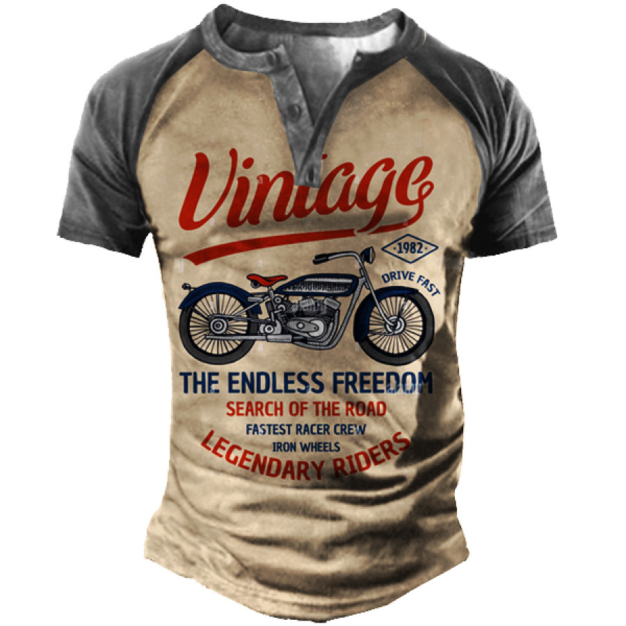 Vintage Motorcycle Racing Men's Print Henley Short Sleeve T-Shirt