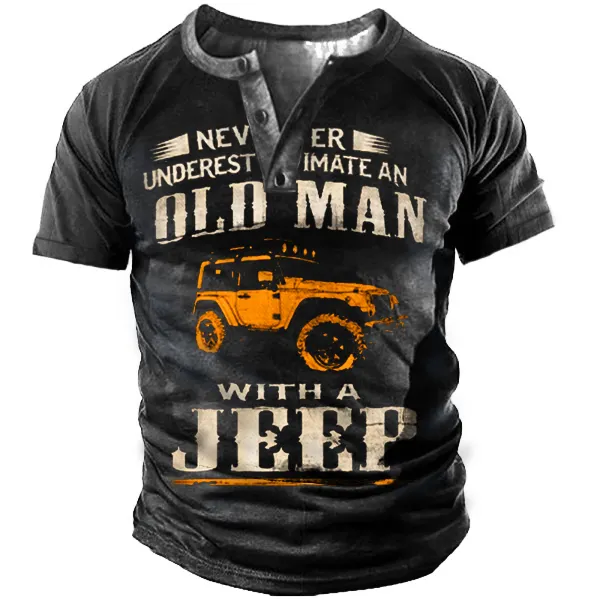 Old Man's Jeep Men's Vintage Print Henley Collar Short Sleeve T-Shirt - Sanhive.com 