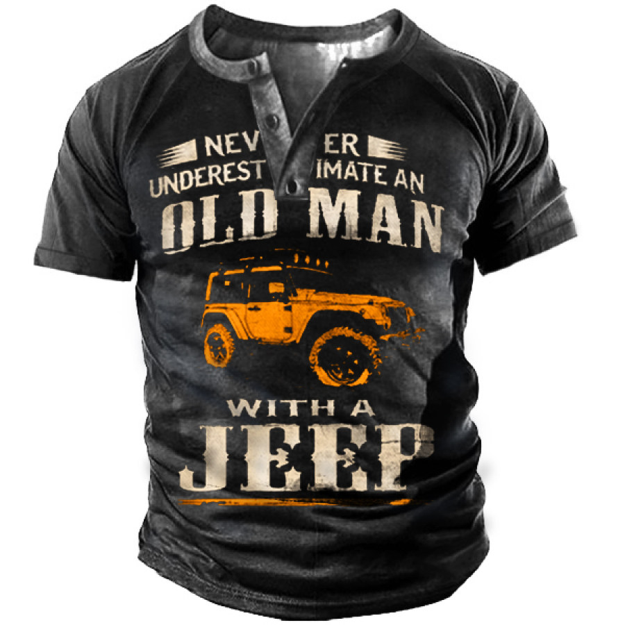 

Old Man's Jeep Men's Vintage Print Henley Collar Short Sleeve T-Shirt