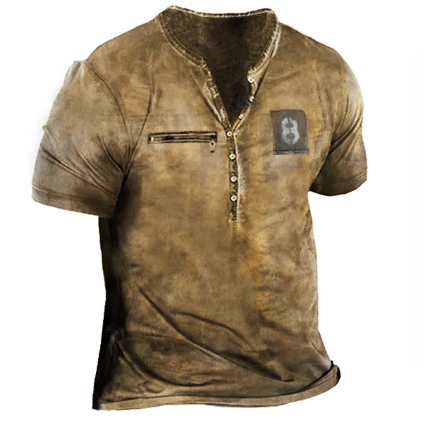 Men's Outdoor Zip Henley Collar Vintage Print Tactical Short Sleeve T-Shirt - Mosaicnew.com 