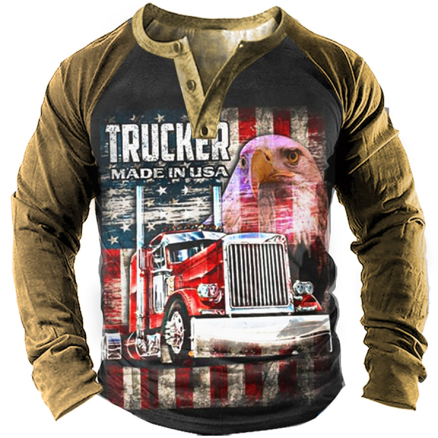 

Eagle Trucker Made In Usa American Flag Truck Men's Vintage Henley Tactical T-Shirt