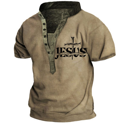 Men's Jesus Print Henley Short Sleeve T-Shirt
