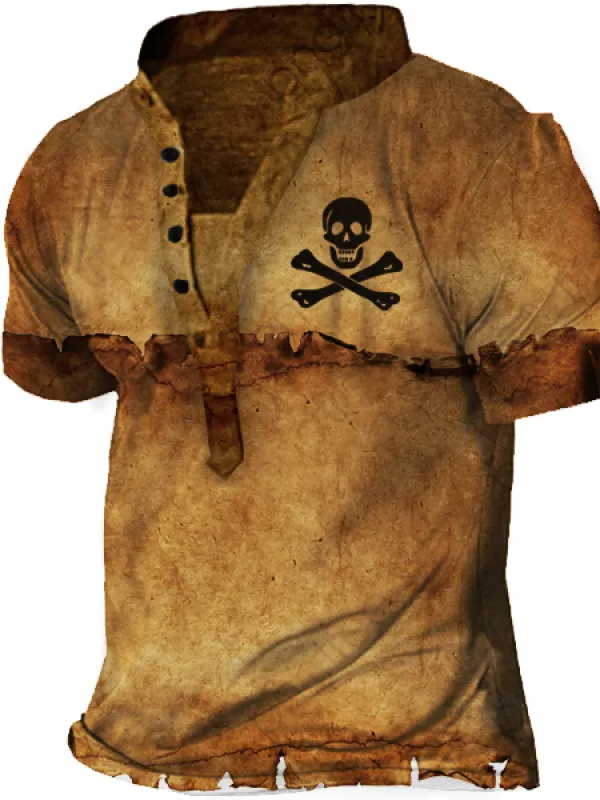 Pirate Skull Men's Vintage Print Henley Short Sleeve T-Shirt - Oasisjoy.com 