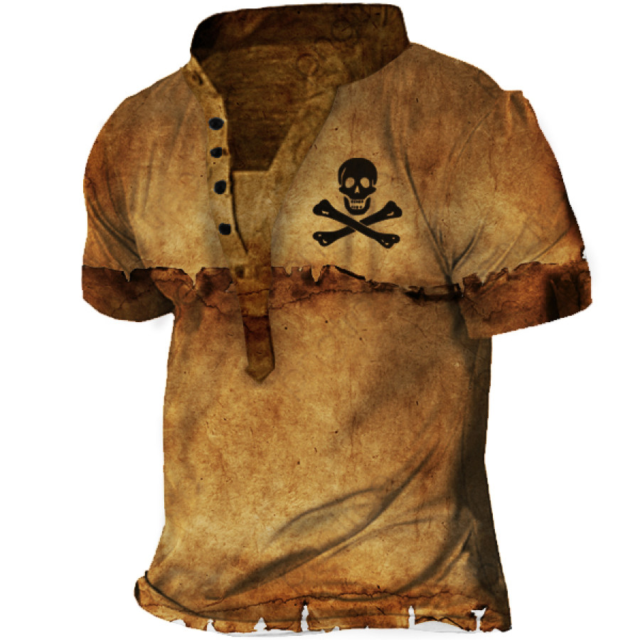 

T-shirt Da Uomo A Maniche Corte Henley Con Stampa Vintage Pirate Skull