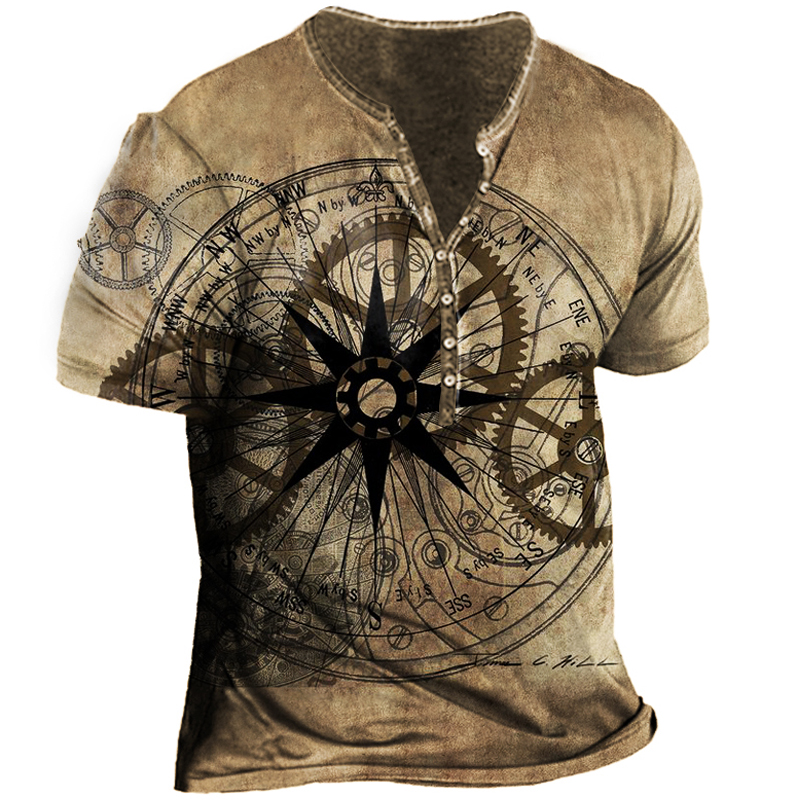 Steampunk Dream Series Autowheel Chic Men's Vintage Henley Short Sleeve T-shirt