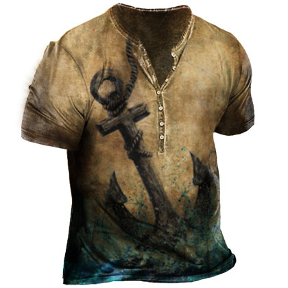 Nautical Boat Anchor Vintage Print Men's Henley Tactical Short Sleeve T-Shirt