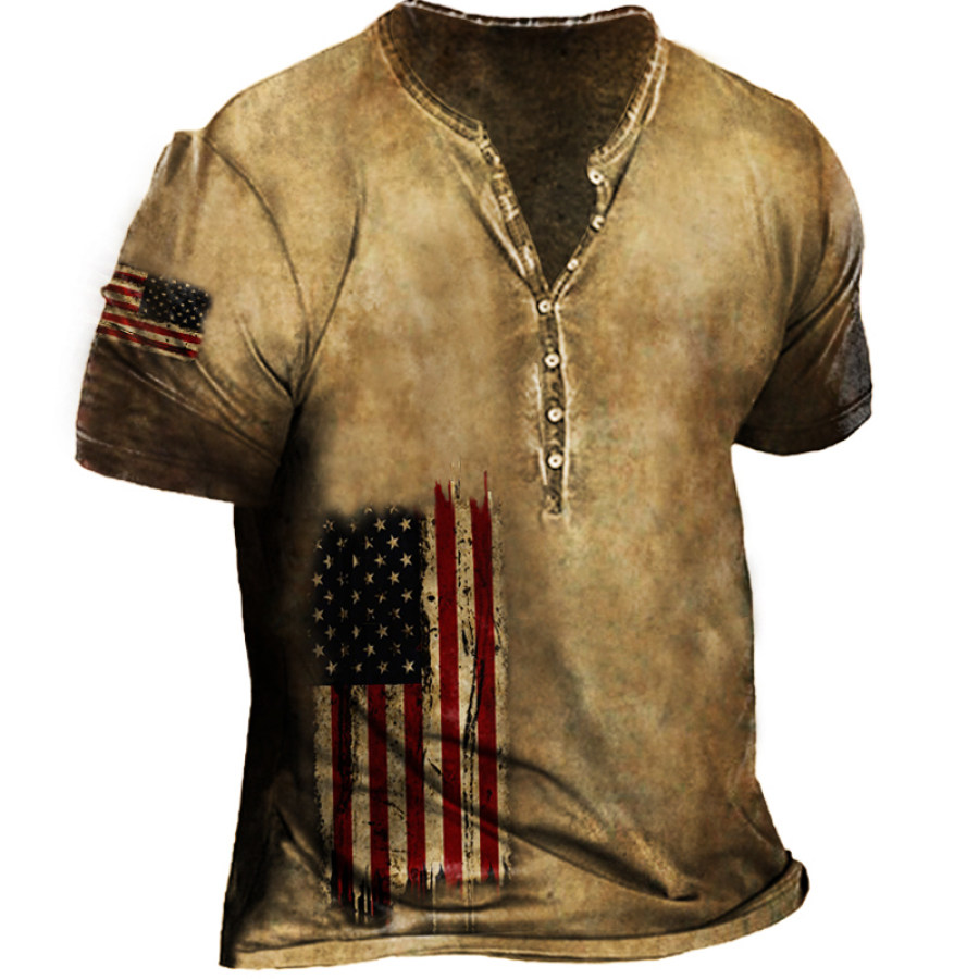 

Camiseta Masculina De Manga Curta Henley Com Estampa De Bandeira Americana Vintage