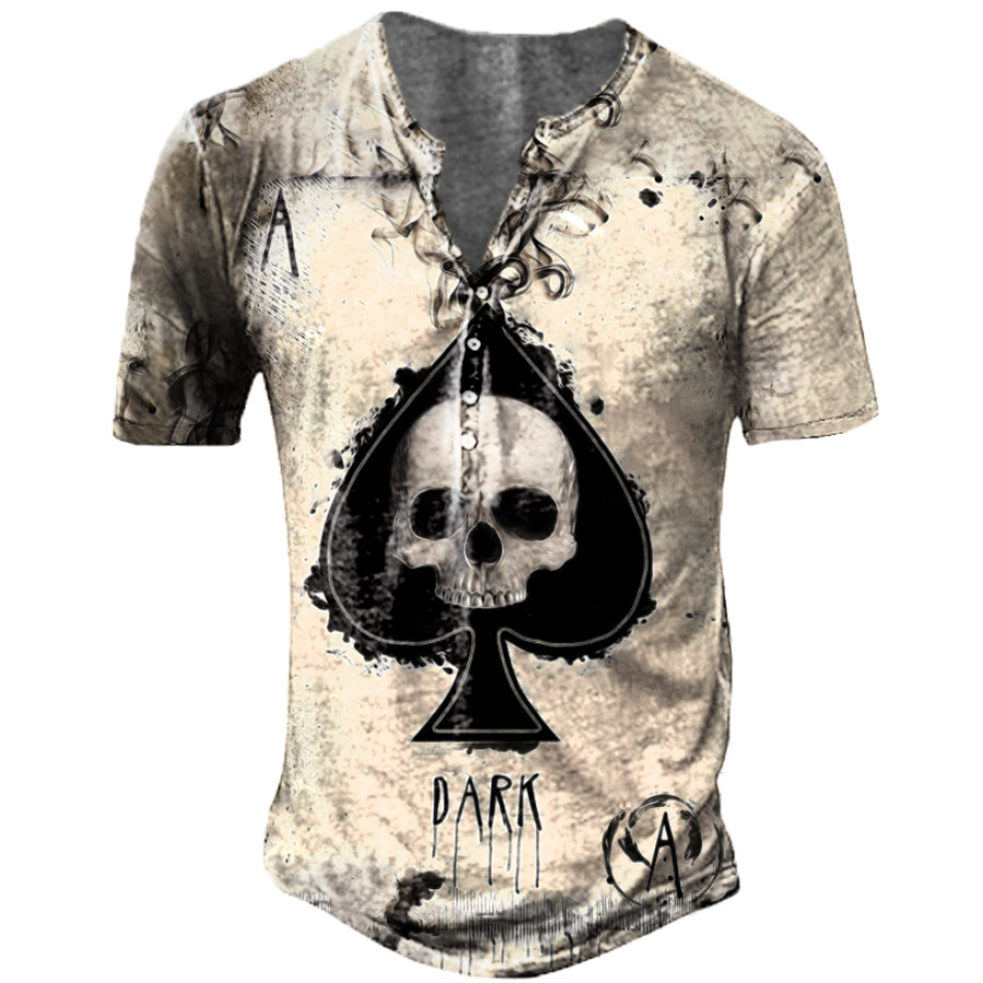 

Men's Outdoor Ace Of Spades Skull Print Short Sleeve Henley T-Shirt