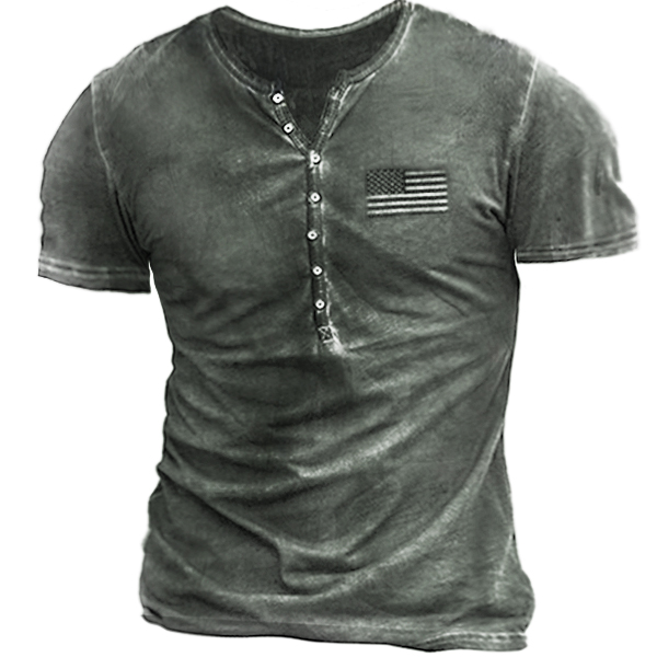 American Flag Men's Outdoor Chic Vintage Henley Collar Tactical T-shirt
