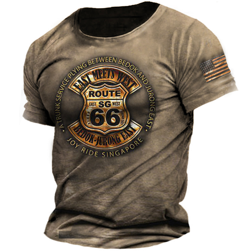 Vintage American Flag Route Chic 66 Men's Outdoor Tactical Cotton T-shirt