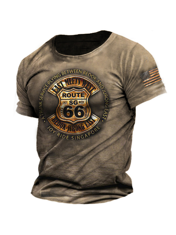 Vintage American Flag Route 66 Men's Outdoor Tactical Cotton T-Shirt