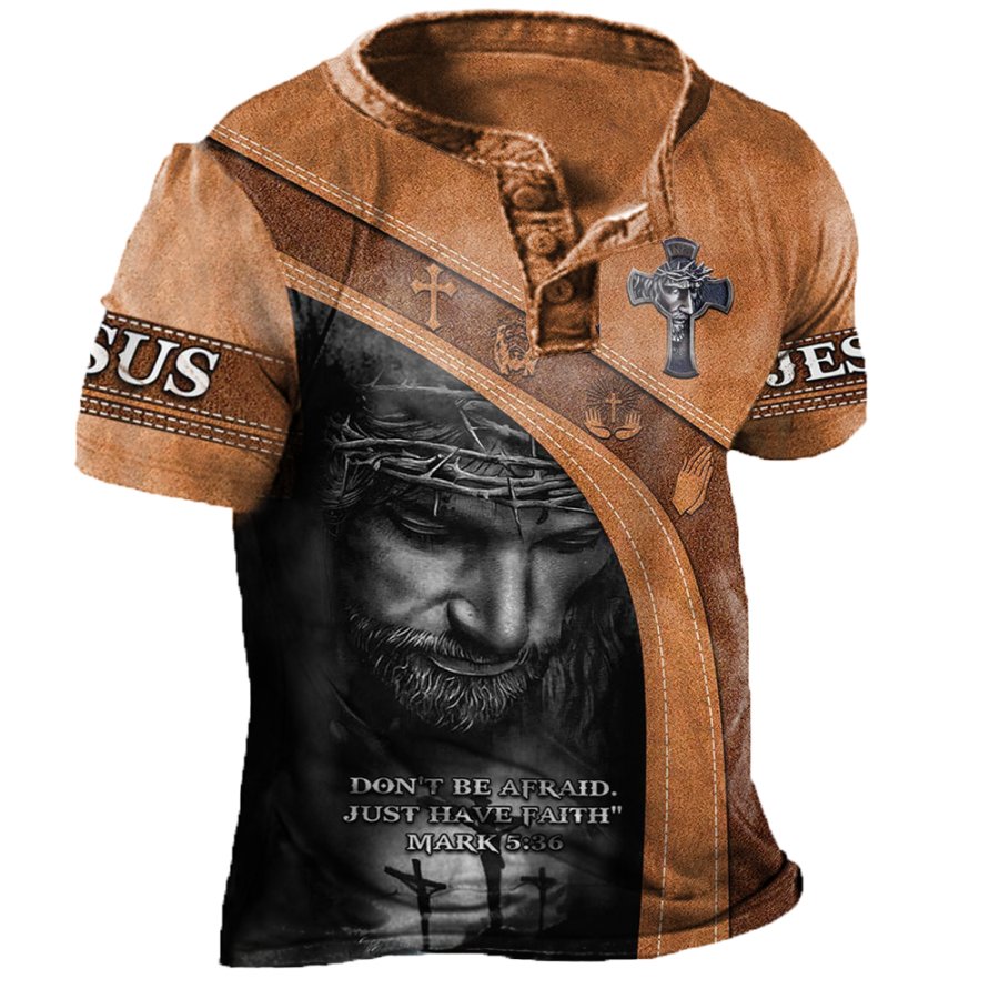 

Men's Jesus Print Henley Short Sleeve T-Shirt