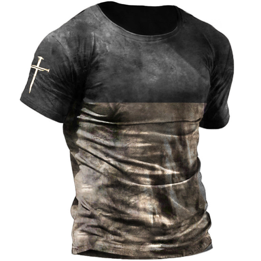 

Men's Casual Vintage Patchwork Contrast Cross T-Shirt
