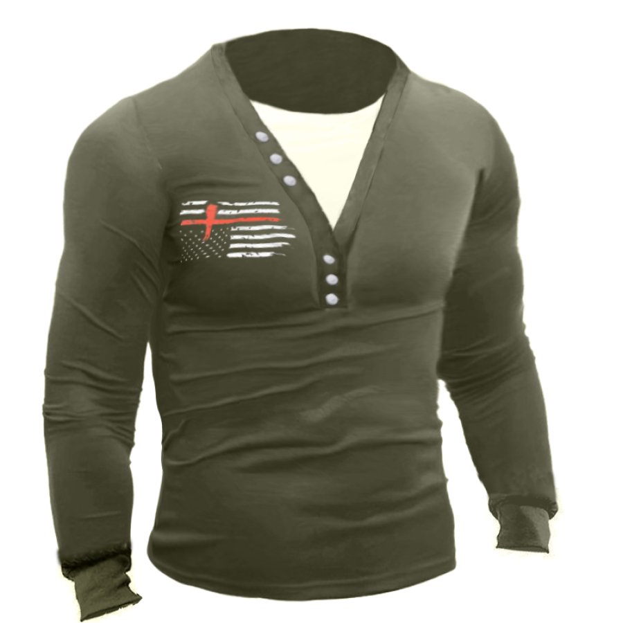 Men's Colorblock Button Collar Flag Faith Print T-Shirt, WAYRATES  - buy with discount