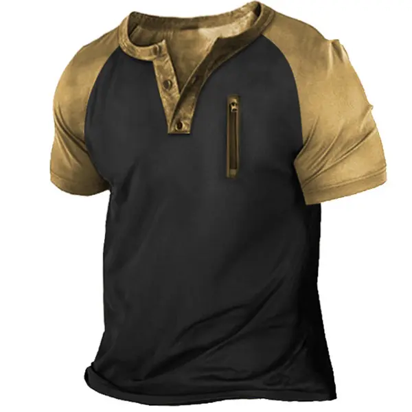 Men's Outdoor Zip Retro Print Tactical Heney Short Sleeve T-Shirt - Sanhive.com 