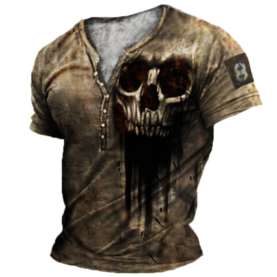 

Men's Vintage Skull Print Henley T-Shirt