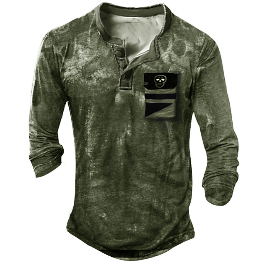

Men's Outdoor Vintage Skull Chest Pocket Long Sleeve Henry