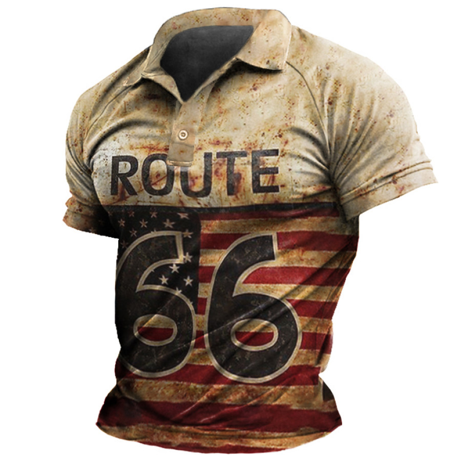 

Men's Outdoor Vintage American Flag Route 66 Polo T-Shirt