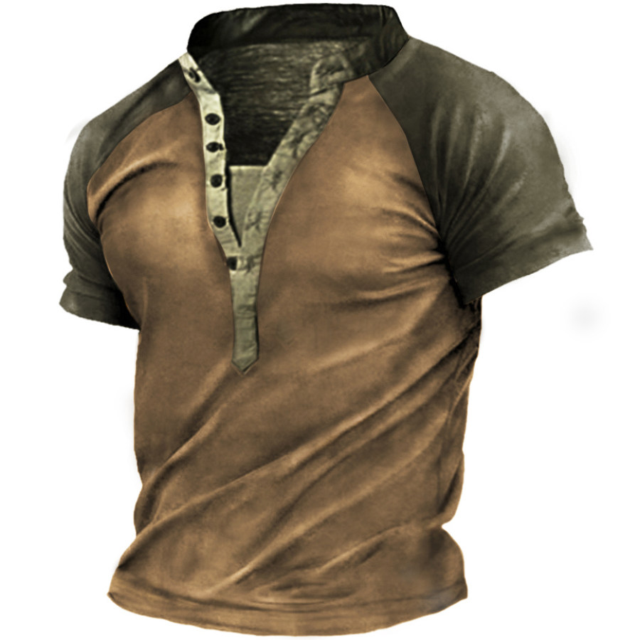 

Men's Vintage Contrast Color Outdoor Tactical Henley Collar Short Sleeve T-Shirt