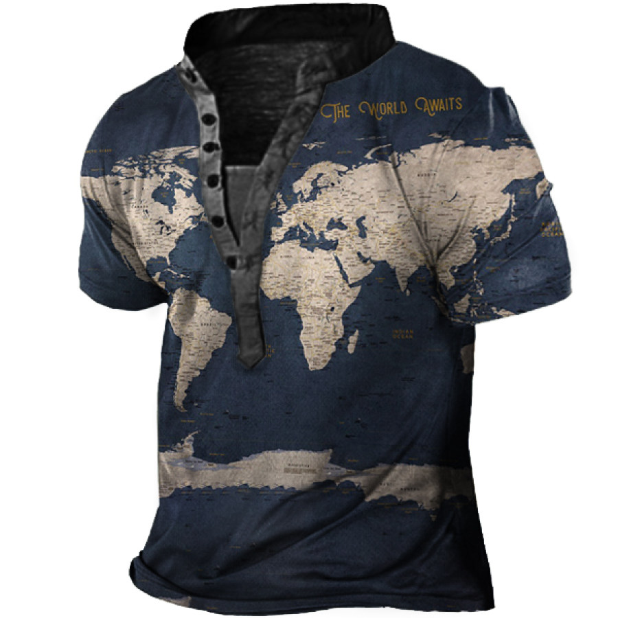 

Men's Outdoor Tactical Retro World Map Henley T-Shirt