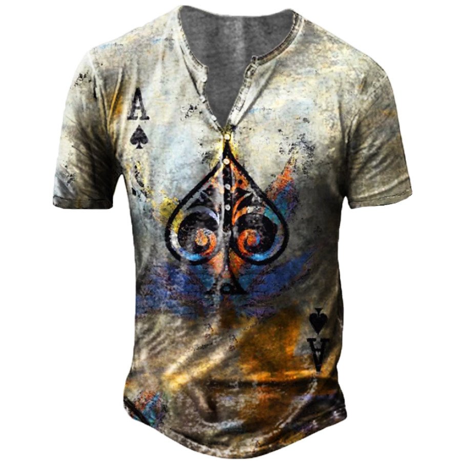 

Men's Casual Distressed Poker Print Henley T-Shirt