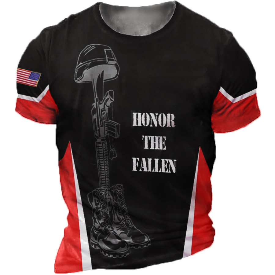 

Honor The Fallen Men's Patchwork American Flag Print T-Shirt