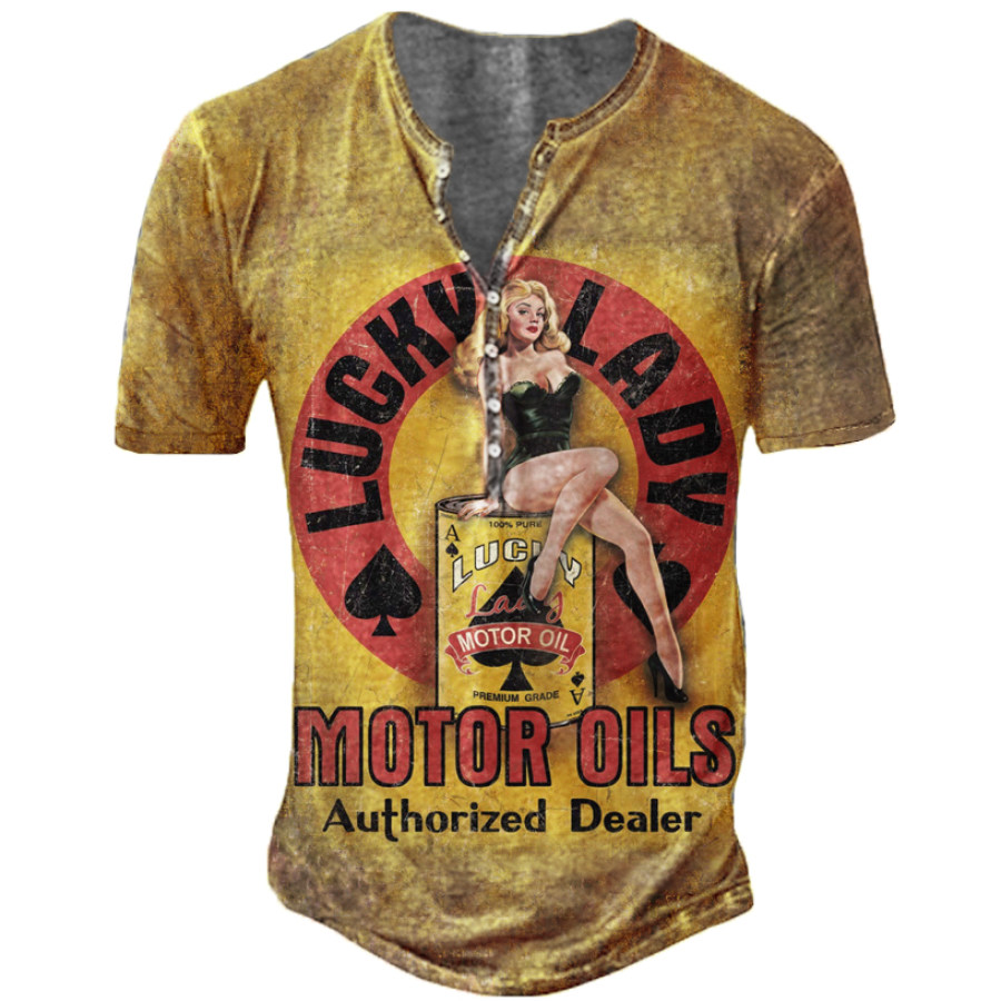 

Lady Luck Motor Oil Casual Henry Camiseta