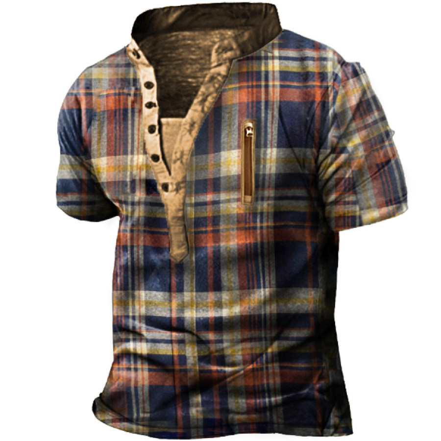 

Men's Outdoor Zip Vintage Check Print Tactical Heney T-Shirt