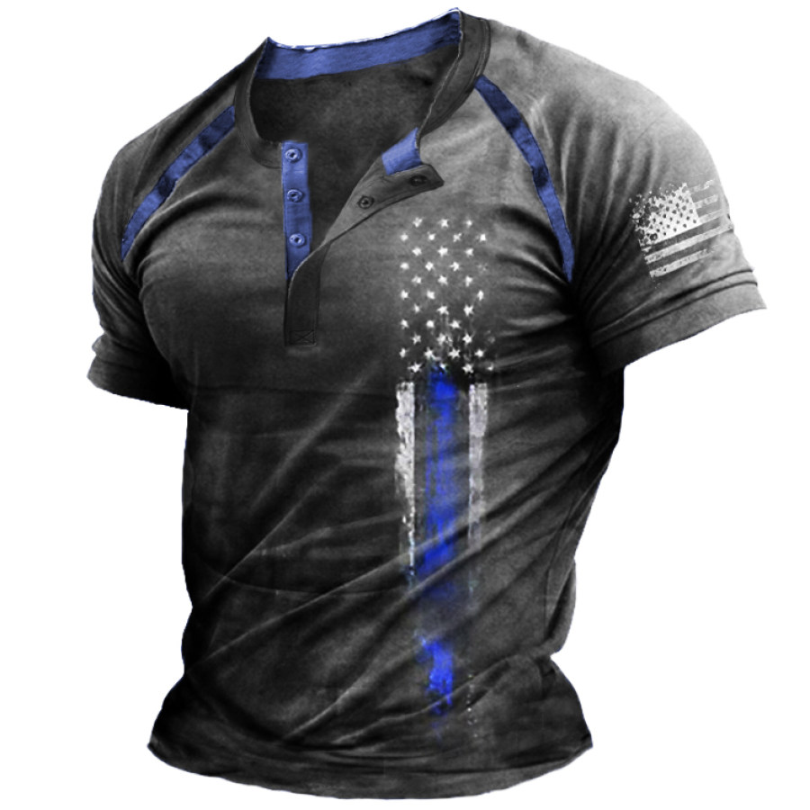 

Men's Vintage American Flag Print Short Sleeve Equilibrium Henley
